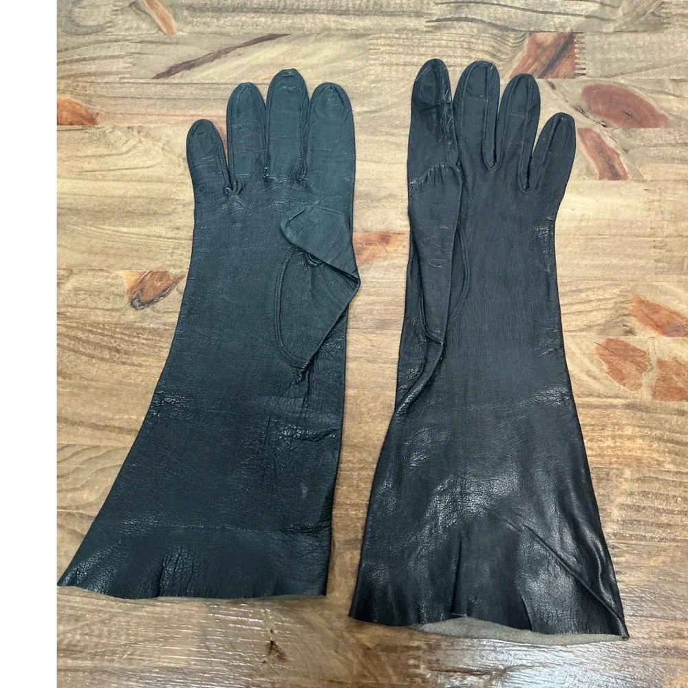 Vintage Black Leather Opera Gloves Womens Long Dress Formal Evening Soft Leather